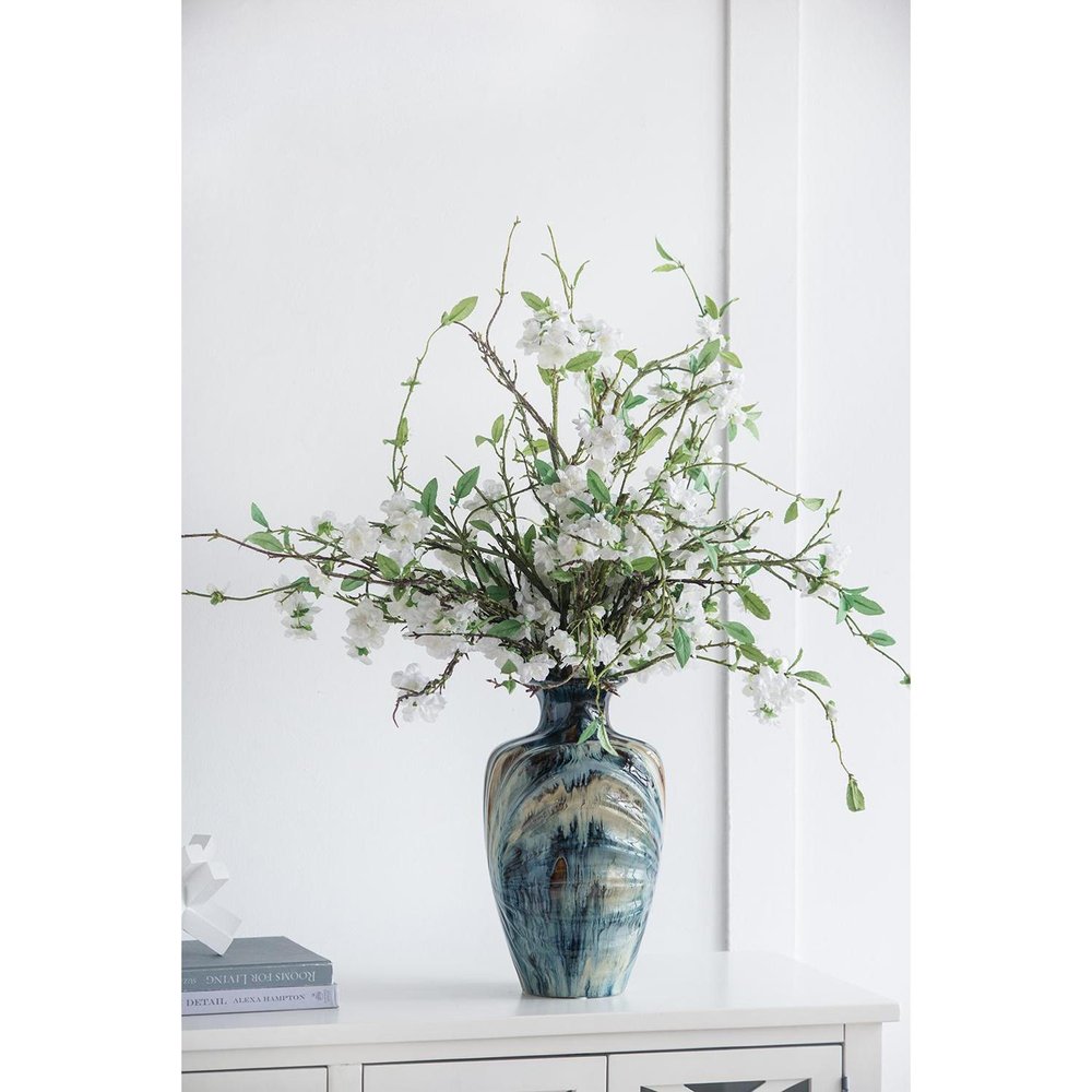 16" Ivory and Blue Ceramic Abstract Round Table Vase