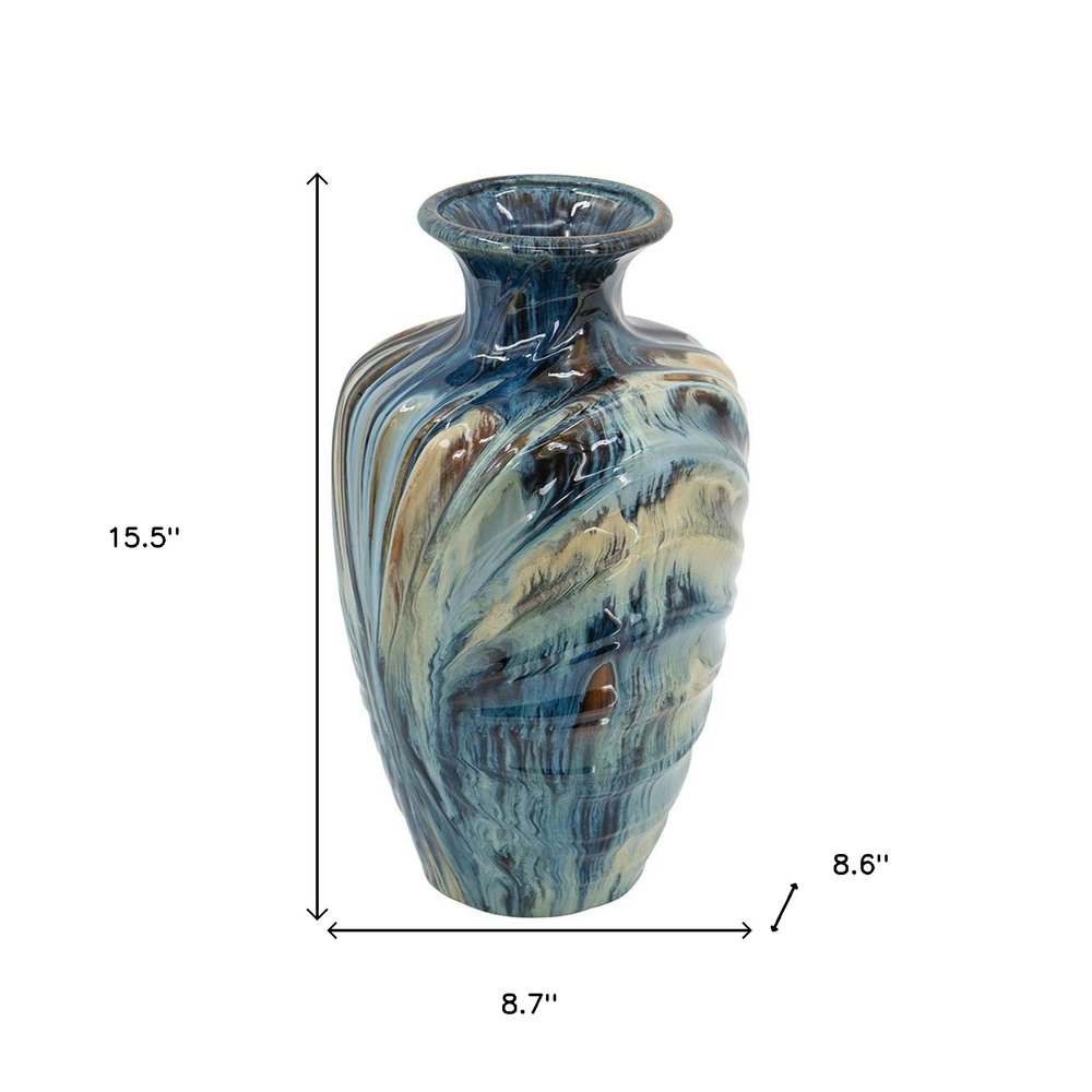 16" Ivory and Blue Ceramic Abstract Round Table Vase