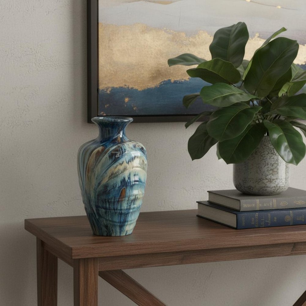 16" Ivory and Blue Ceramic Abstract Round Table Vase