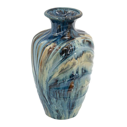 16" Beige Blue And Brown Abstract Ceramic Round Table Vase