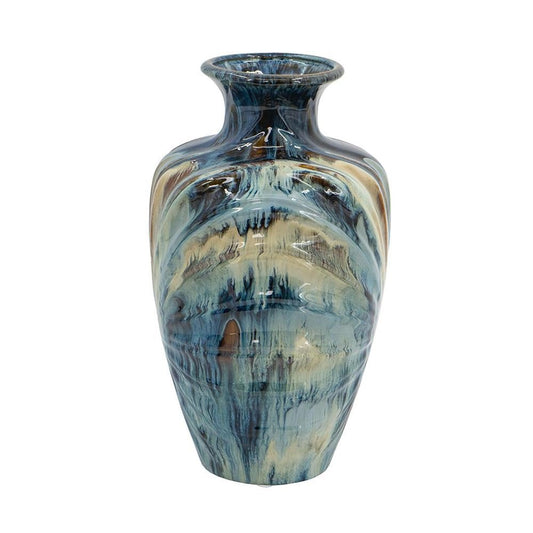 16" Beige Blue And Brown Abstract Ceramic Round Table Vase