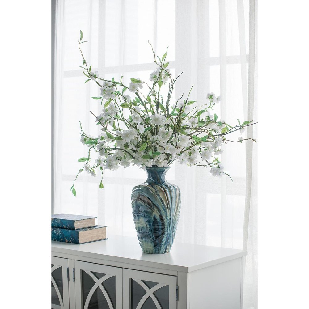 16" Ivory and Blue Ceramic Abstract Round Table Vase