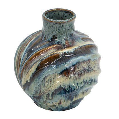 11" Blue Beige And Brown Abstract Wavy Ceramic Table Vase