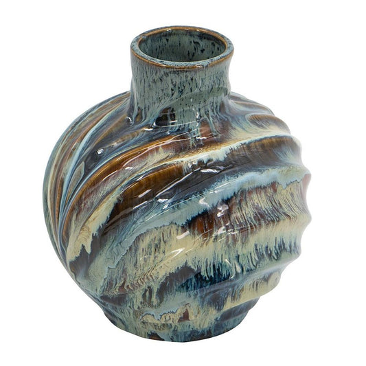 11" Blue Beige And Brown Abstract Wavy Ceramic Table Vase