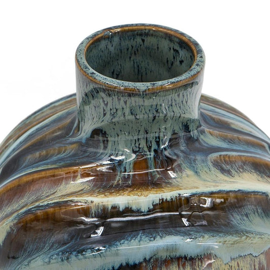 11" Blue Beige And Brown Abstract Wavy Ceramic Table Vase
