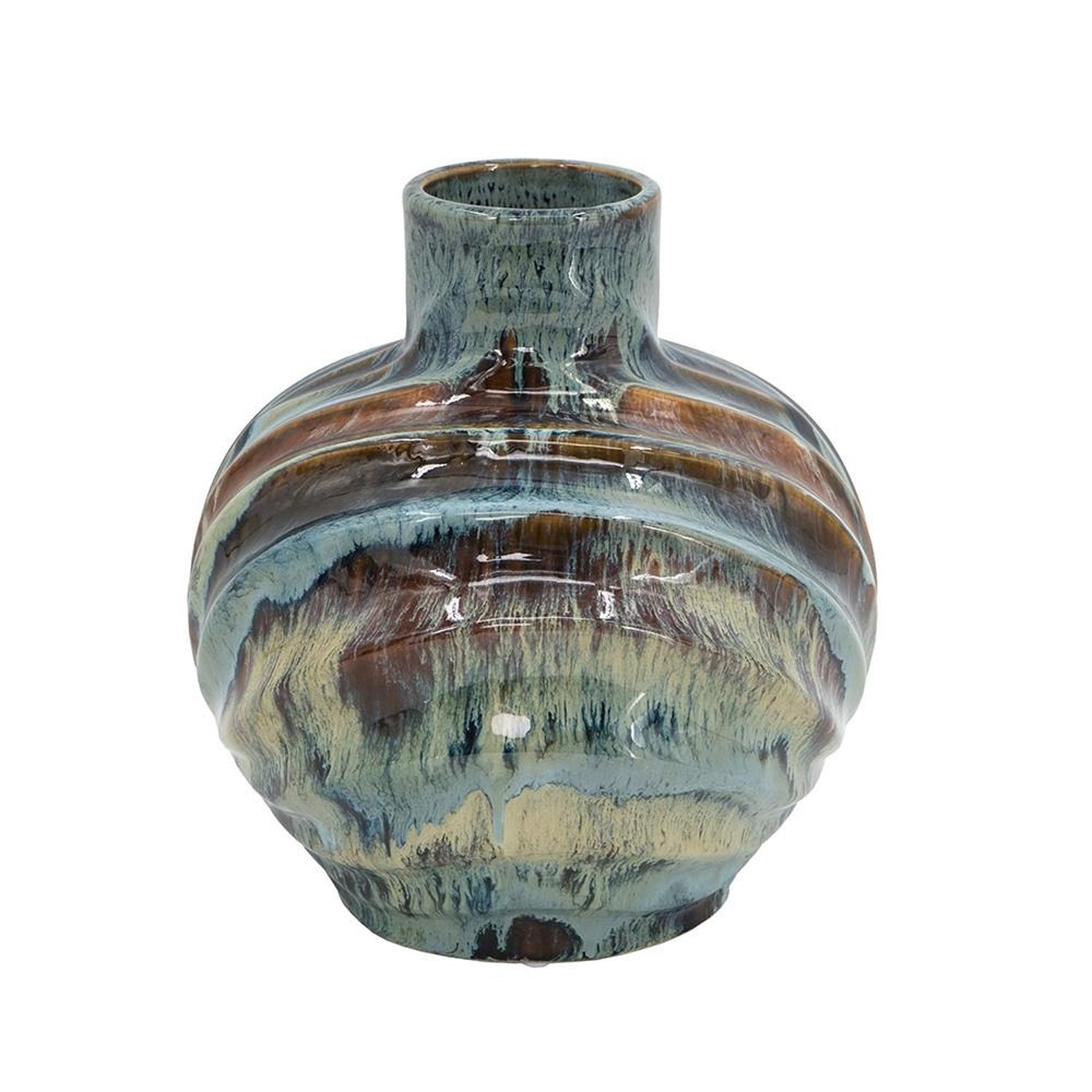 11" Blue Beige And Brown Abstract Wavy Ceramic Table Vase