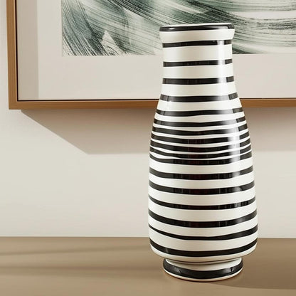 18" Black And White Hand Painted Stripe Ceramic Table Vase