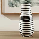 18" Black And White Hand Painted Stripe Ceramic Table Vase