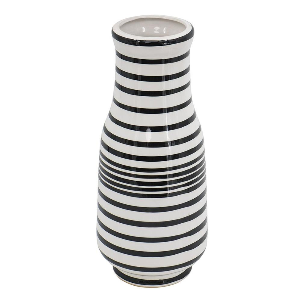 18" Black And White Hand Painted Stripe Ceramic Table Vase