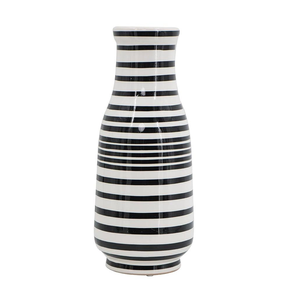 18" Black And White Hand Painted Stripe Ceramic Table Vase