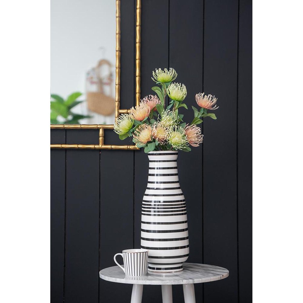 18" Black And White Hand Painted Stripe Ceramic Table Vase