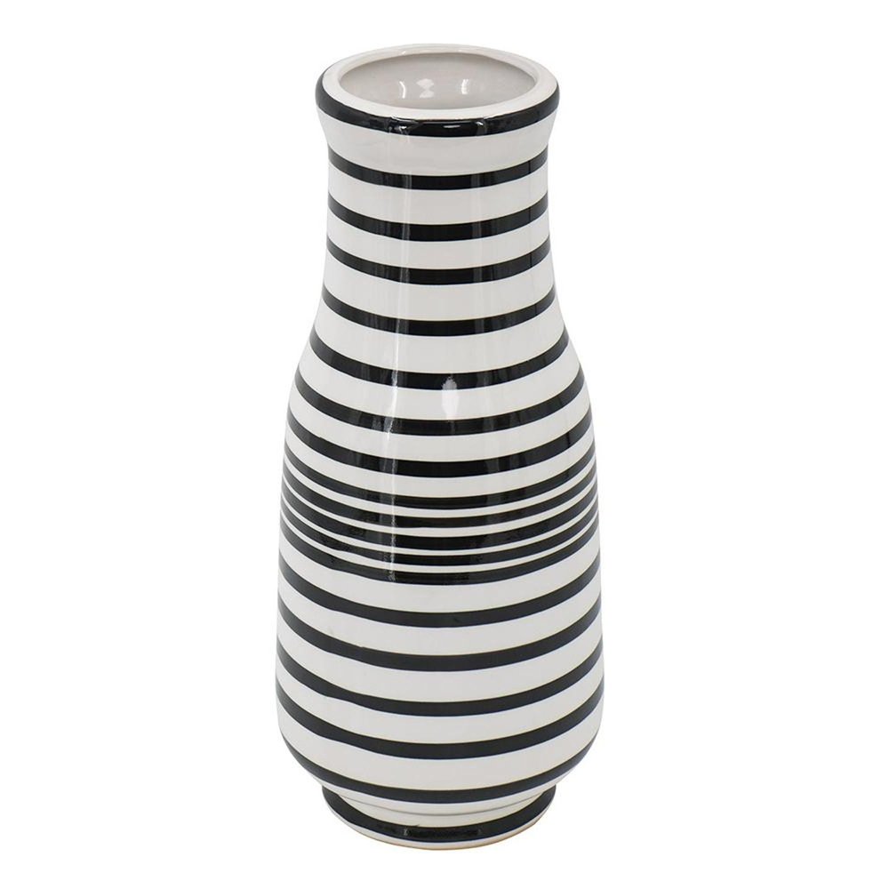 18" Black And White Hand Painted Stripe Ceramic Table Vase