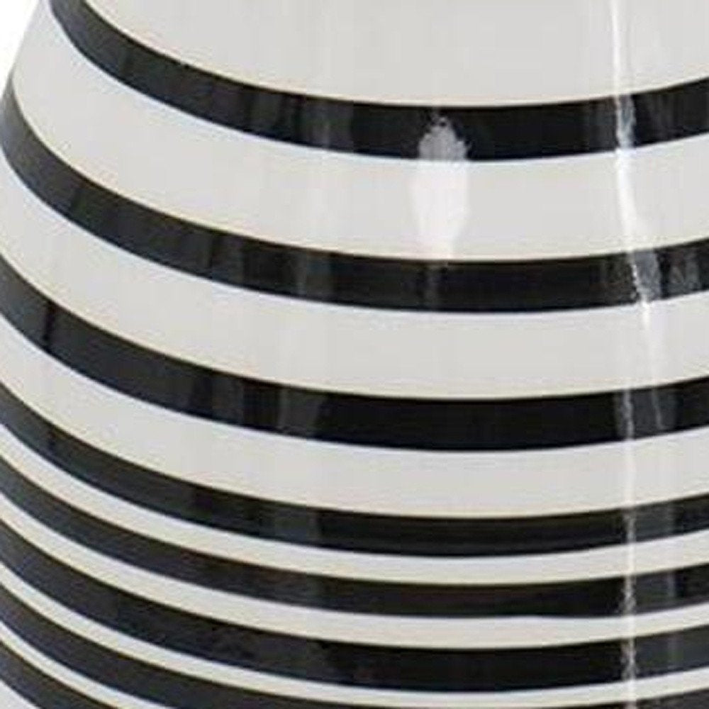 18" Black And White Hand Painted Stripe Ceramic Table Vase