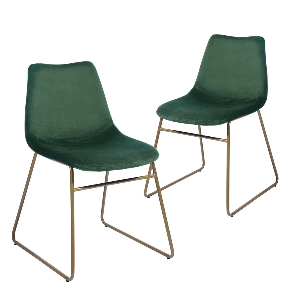 Set of Two Dark Green and Gold Upholstered Velvet Dining Side Chairs