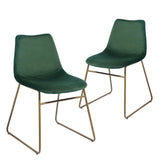 Set of Two Dark Green and Gold Upholstered Velvet Dining Side Chairs
