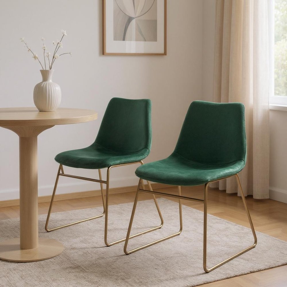 Set of Two Dark Green and Gold Upholstered Velvet Dining Side Chairs