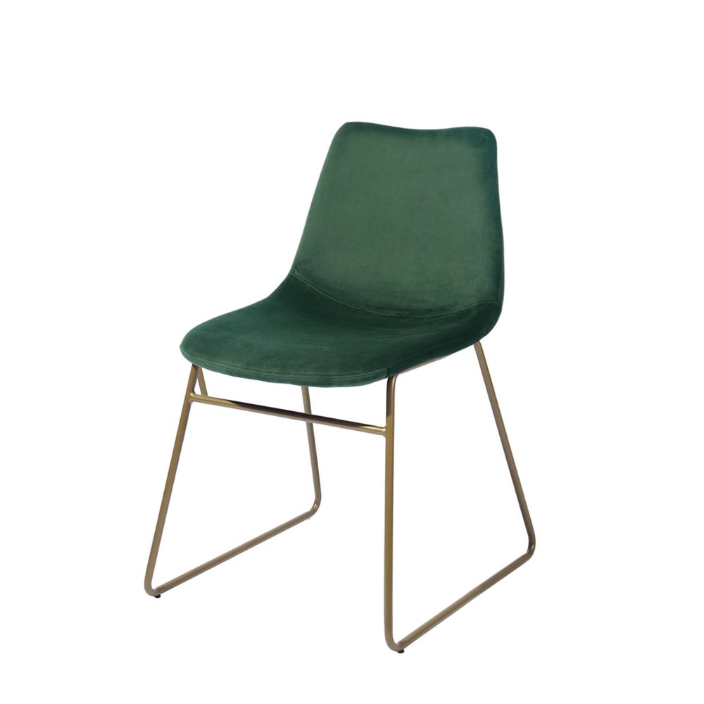 Set of Two Dark Green and Gold Upholstered Velvet Dining Side Chairs