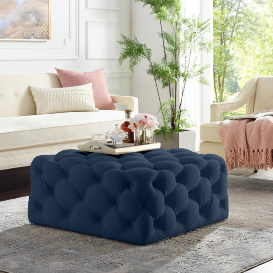 33" Navy Blue Velvet Rolling Tufted Cocktail Ottoman