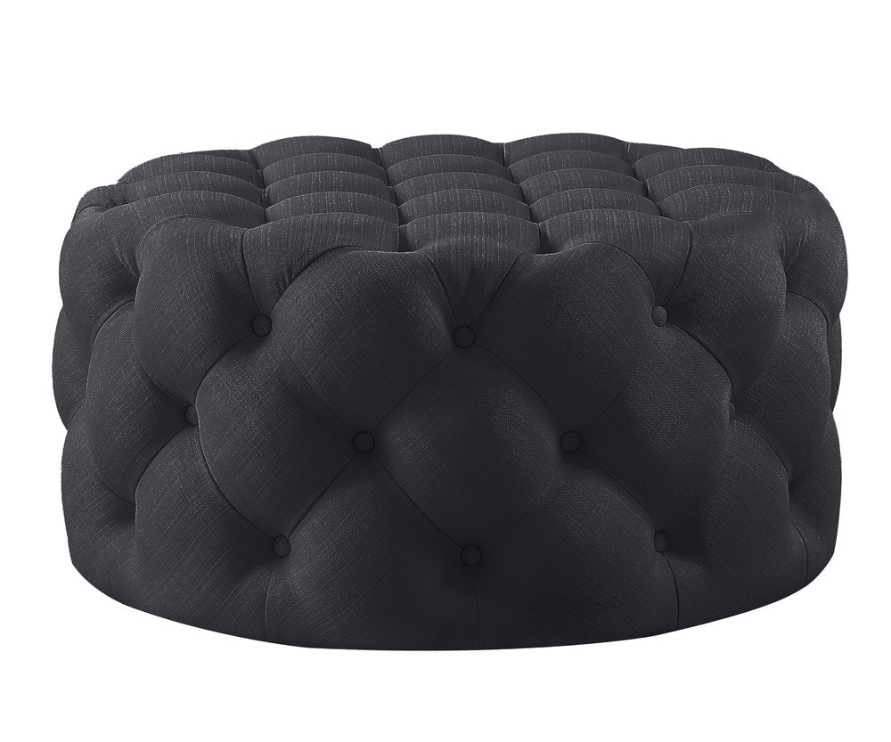 33" Black Linen Tufted Round Cocktail Ottoman