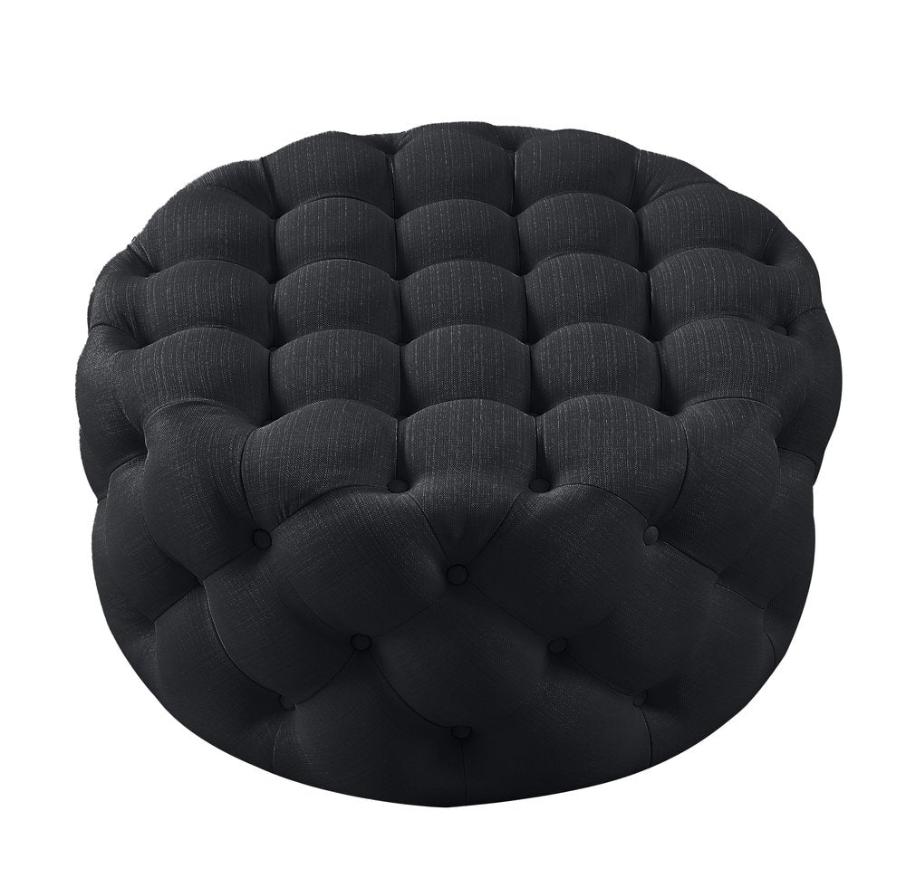 33" Black Linen Tufted Round Cocktail Ottoman