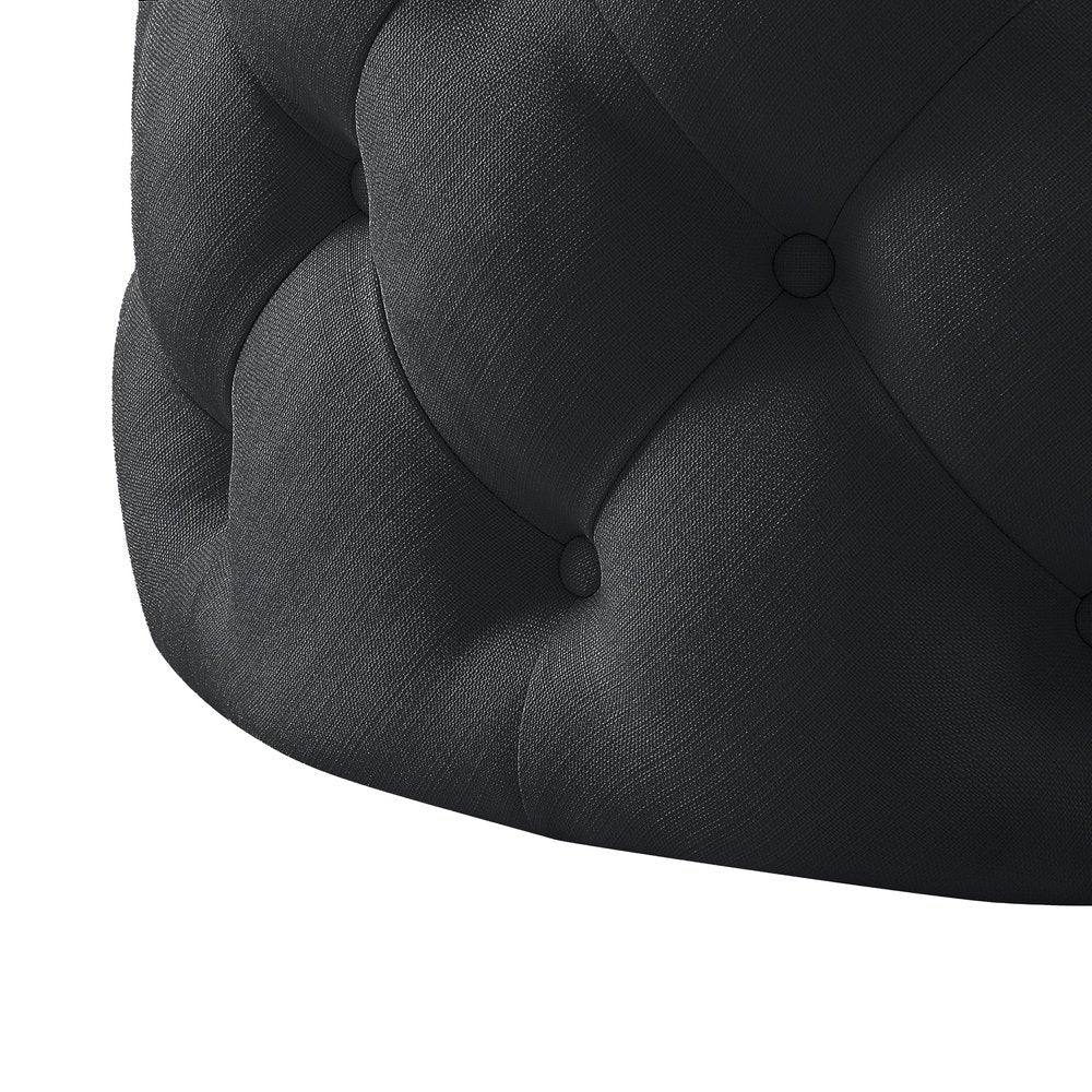 33" Black Linen Tufted Round Cocktail Ottoman
