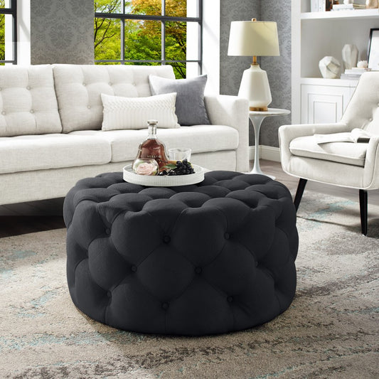 33" Black Linen Tufted Round Cocktail Ottoman