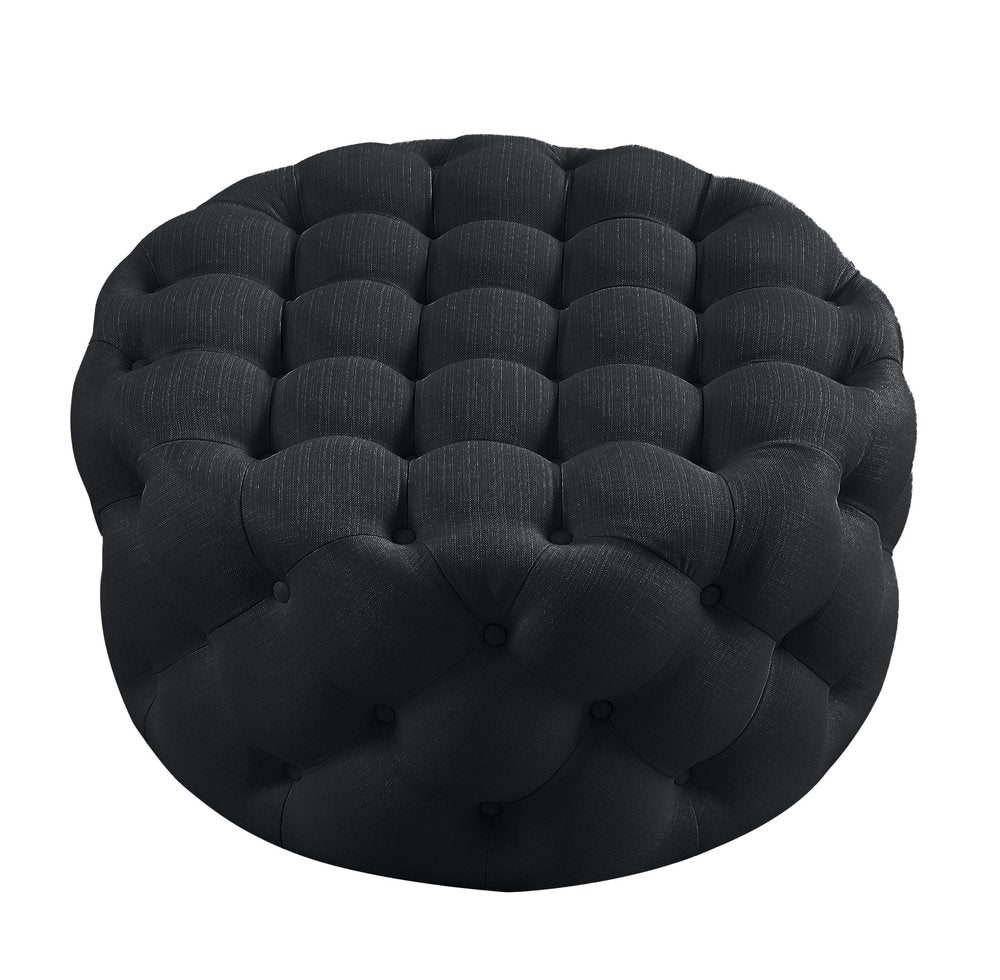 33" Black Linen Tufted Round Cocktail Ottoman