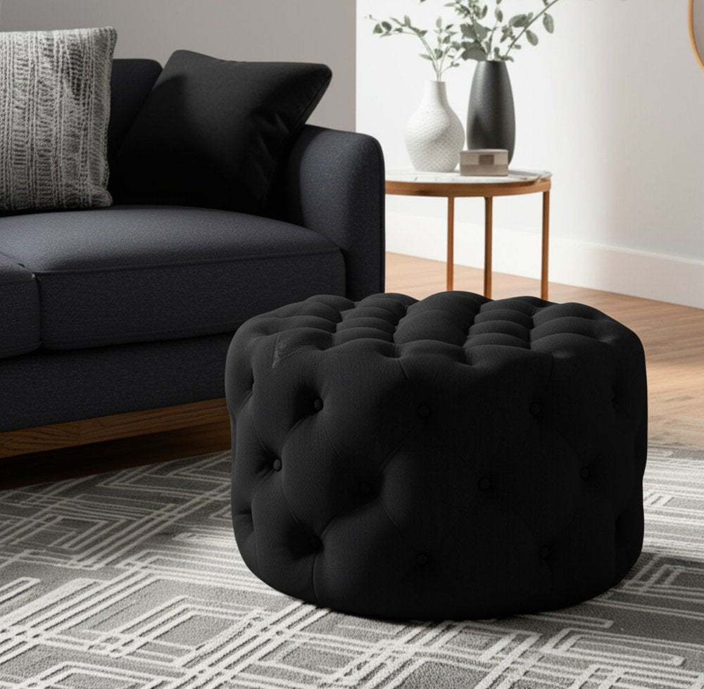 33" Black Linen Tufted Round Cocktail Ottoman