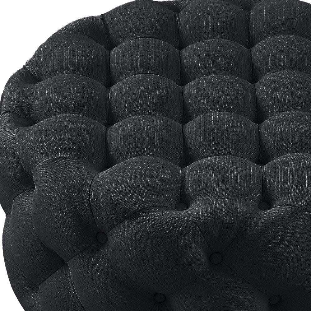 33" Black Linen Tufted Round Cocktail Ottoman