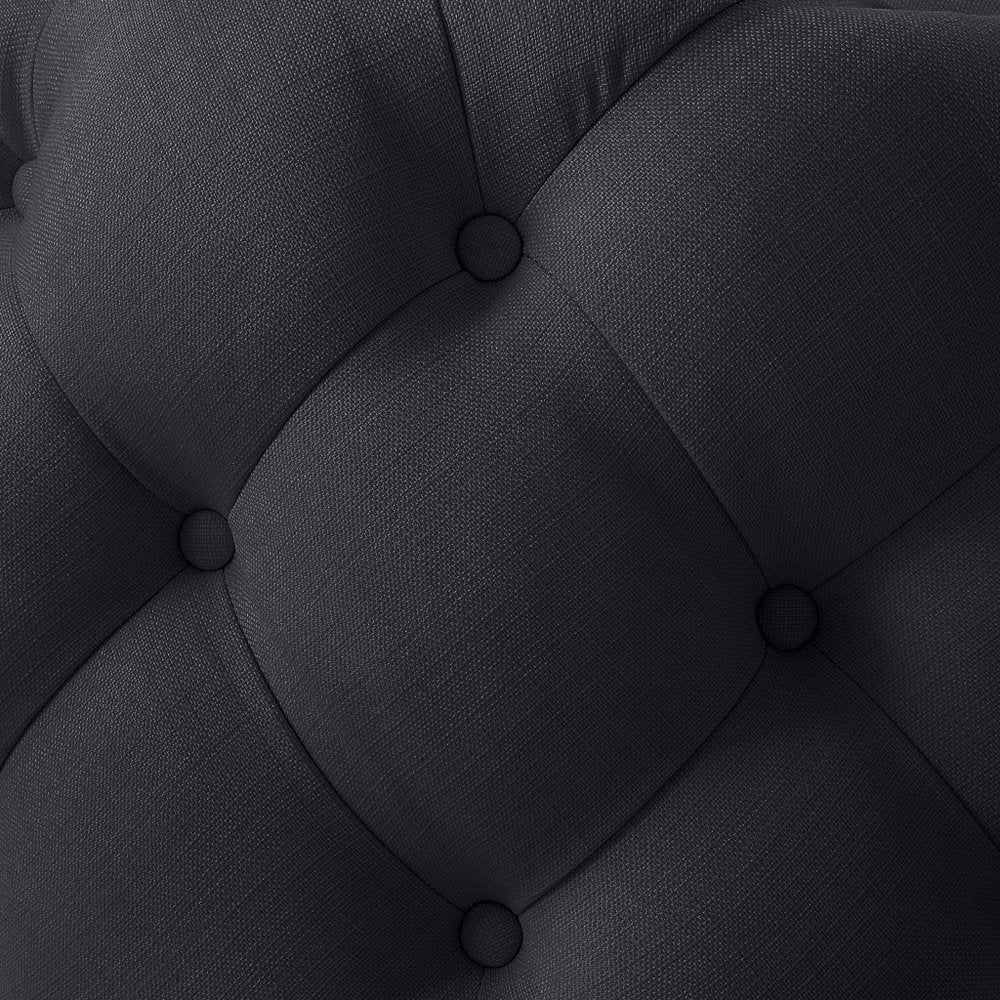 33" Black Linen Tufted Round Cocktail Ottoman