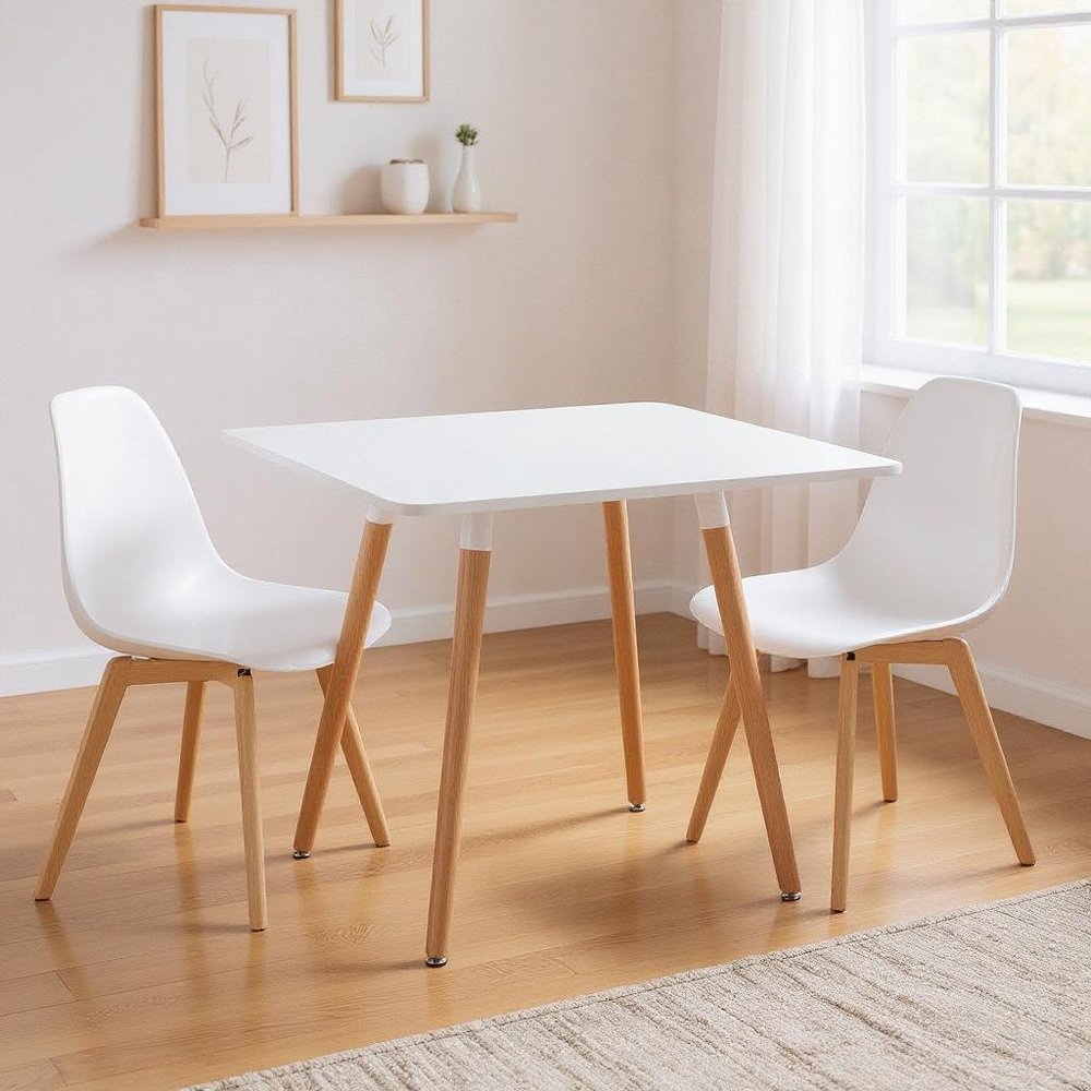 32" White and Natural Wood and Solid Wood Square Dining Table