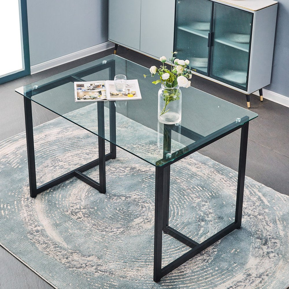 47" Clear And Black Glass And Metal Dining Table