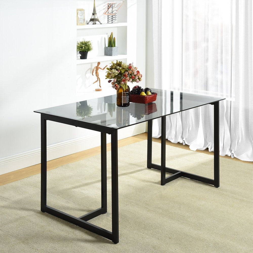 55" Gray And Black Glass And Metal Sled Base Dining Table