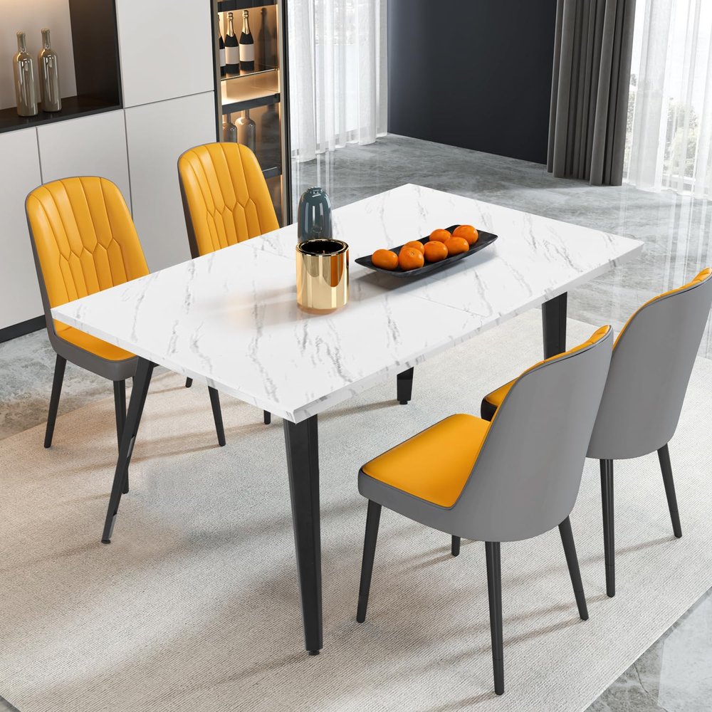 63" White and Black Faux Marble and Metal Dining Table