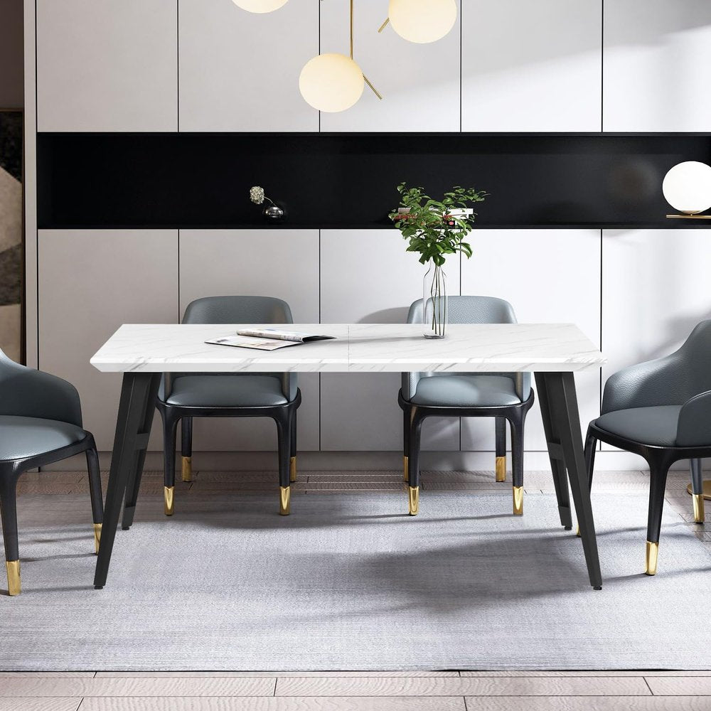 63" White and Black Faux Marble and Metal Dining Table
