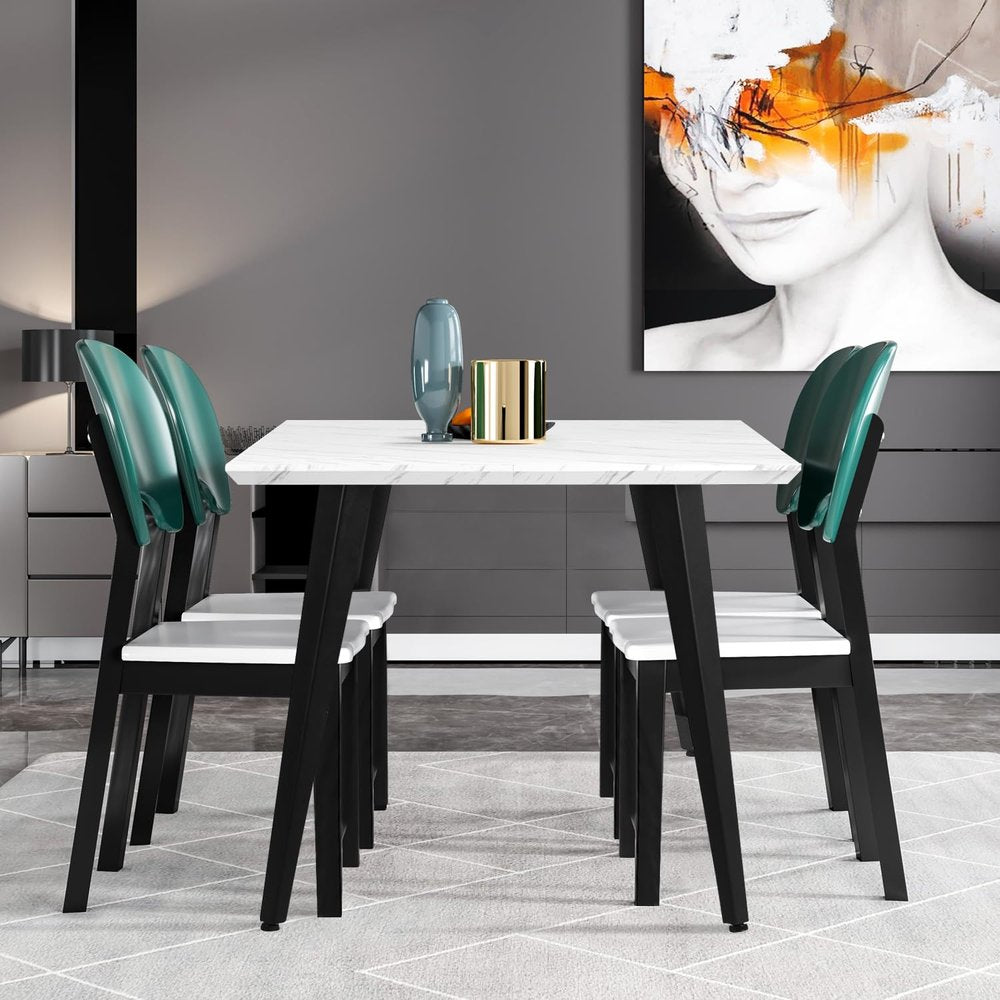 63" White and Black Faux Marble and Metal Dining Table