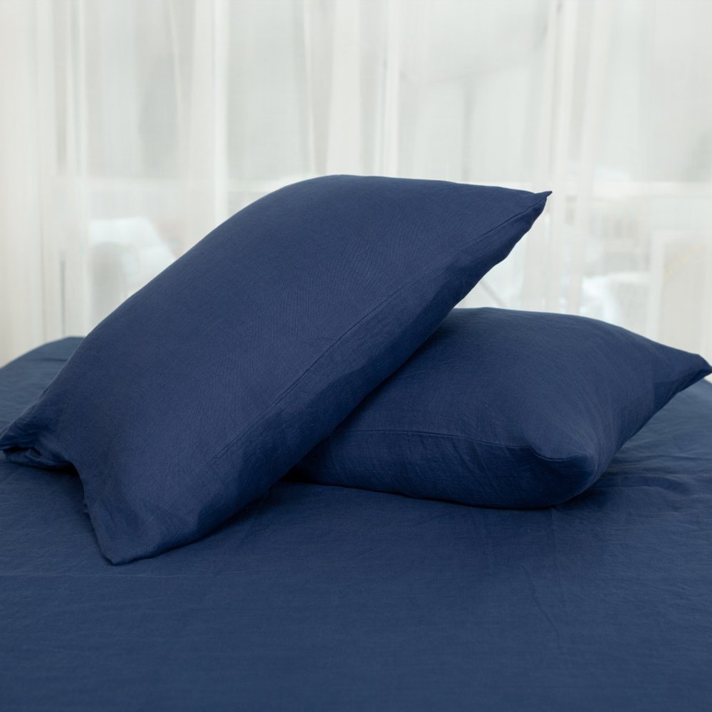 Two Piece Navy Blue Linen Standard Pillowcases
