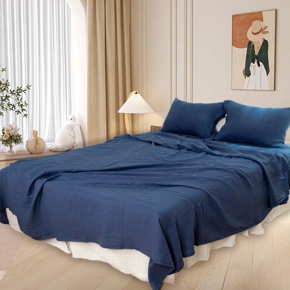 Two Piece Navy Blue Linen Standard Pillowcases