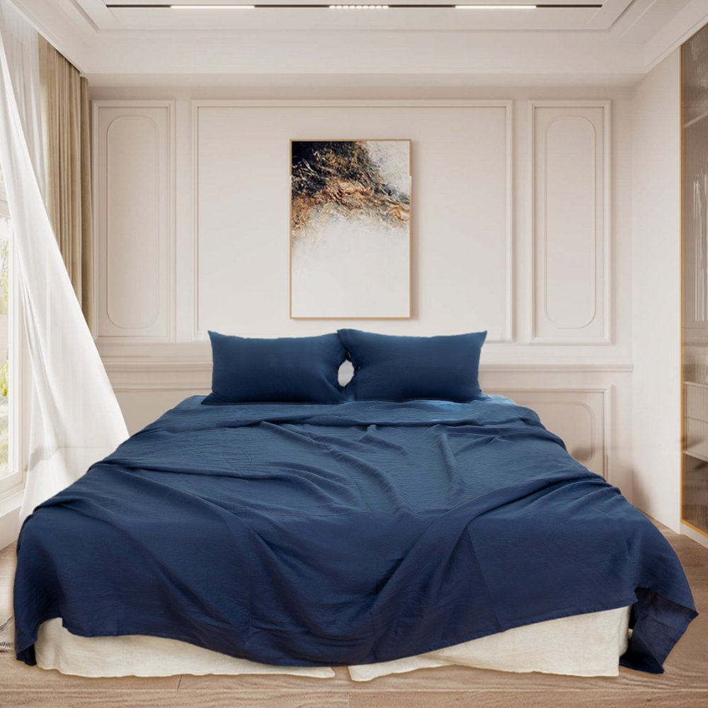 Two Piece Navy Blue Linen Standard Pillowcases