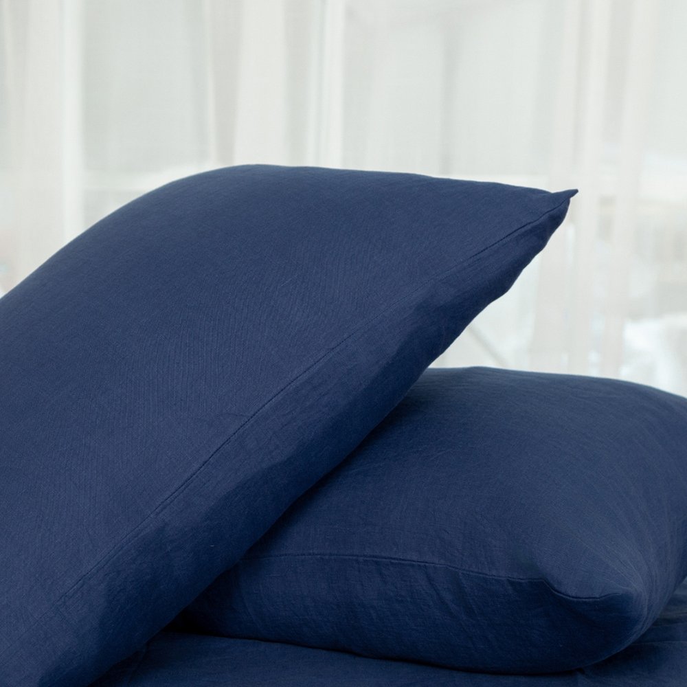 Two Piece Navy Blue Linen Standard Pillowcases