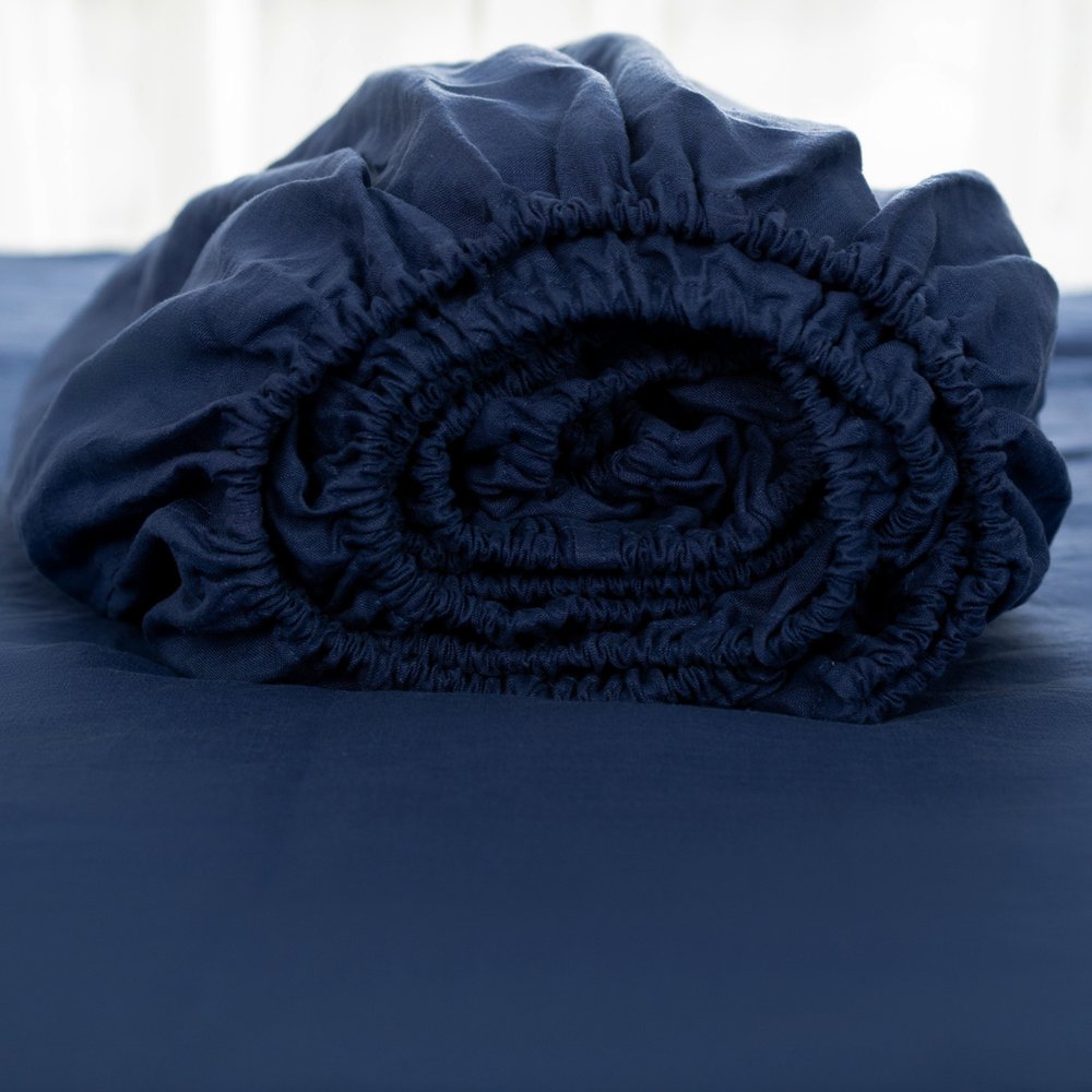 Navy Blue Linen King Fitted Sheet