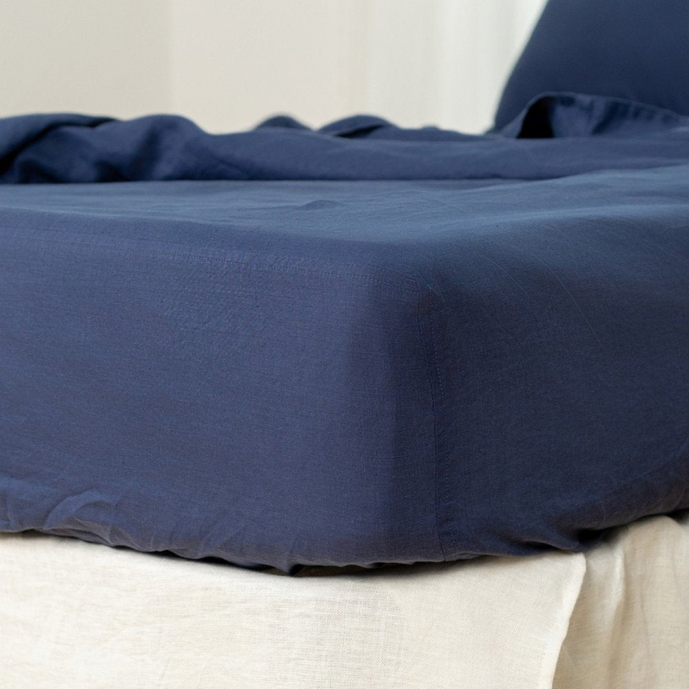 Navy Blue Linen King Fitted Sheet