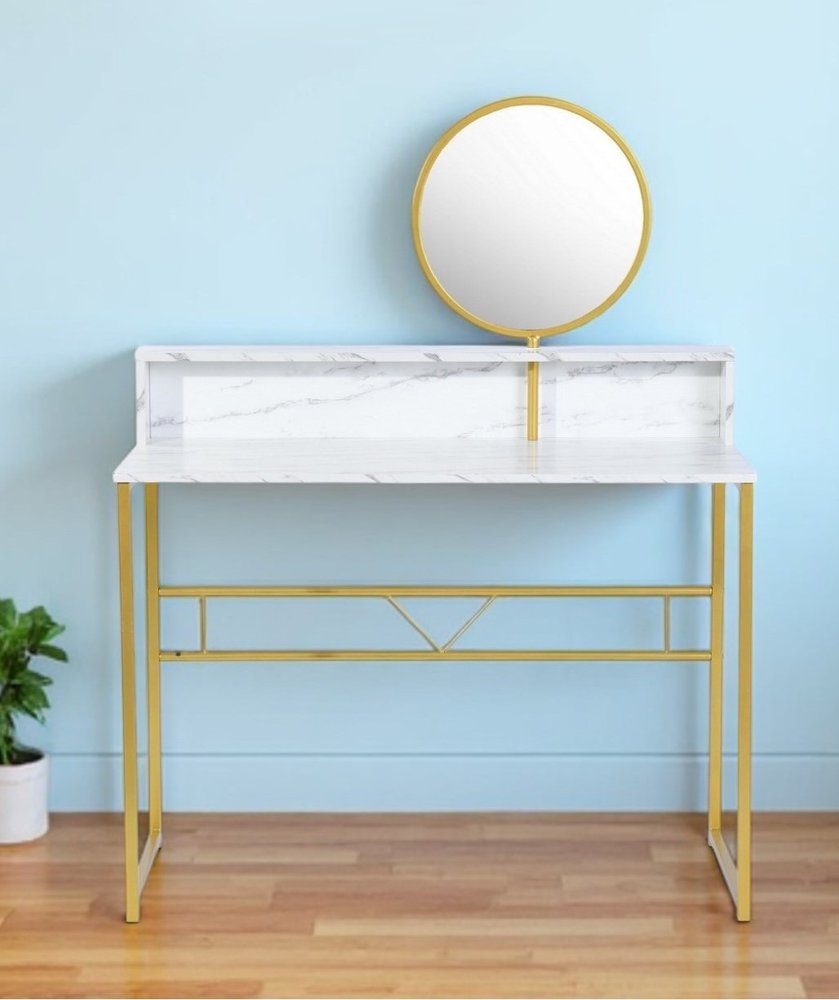 41" White And Gold Faux Marble and Steel Vanity Table with Mirror