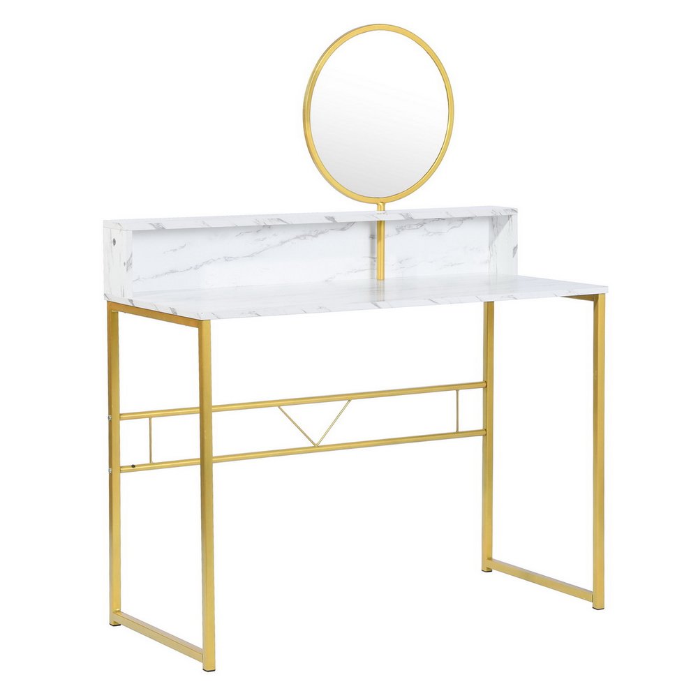 41" White And Gold Faux Marble and Steel Vanity Table with Mirror
