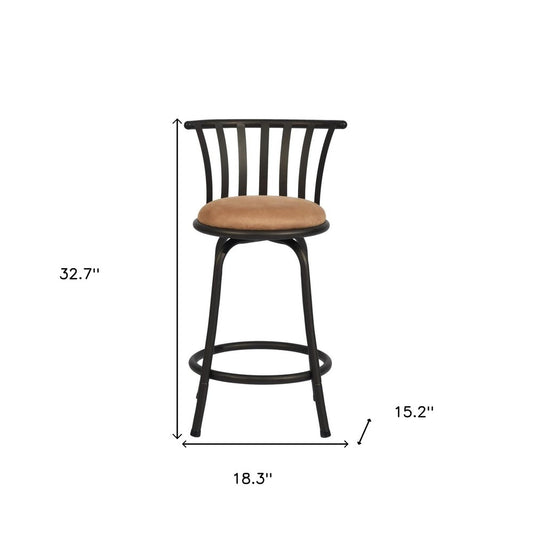 Set of Two 24" Khaki And Black Suede Microfiber And Microsuede And Metal Low Back Counter Height Swivel Bar Chairs