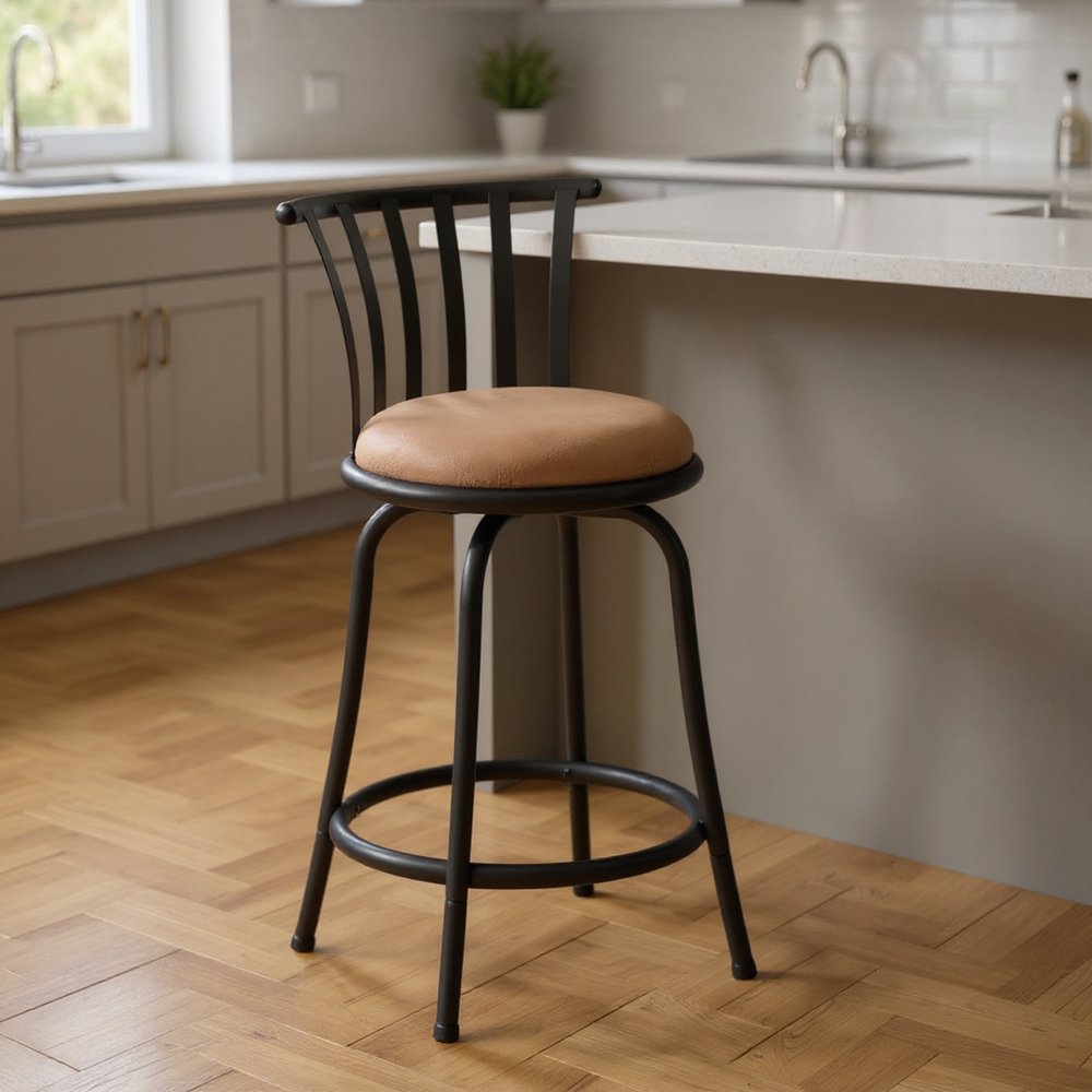 Set of Two 24" Brown and Black Microfiber and Metal Low Back Counter Height Swivel Bar Chairs