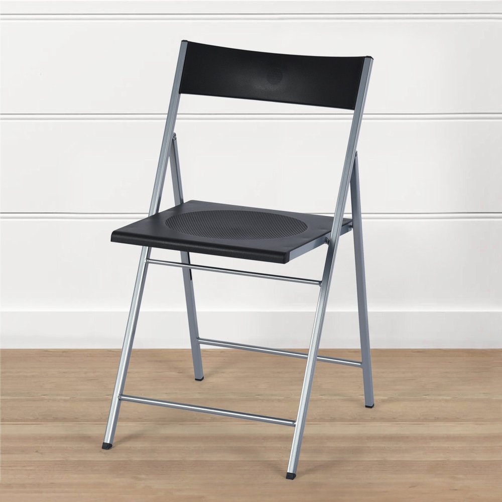 Set of Six Black and Silver Folding Side Chairs