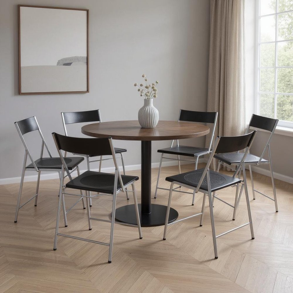 Set of Six Black and Silver Folding Side Chairs