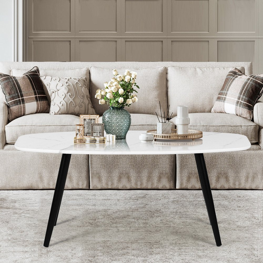 43" White and Black Faux Marble And Steel Coffee Table