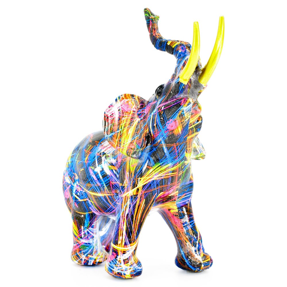 7" Blue Yellow And Pink Resin Elephant Tabletop Sculpture